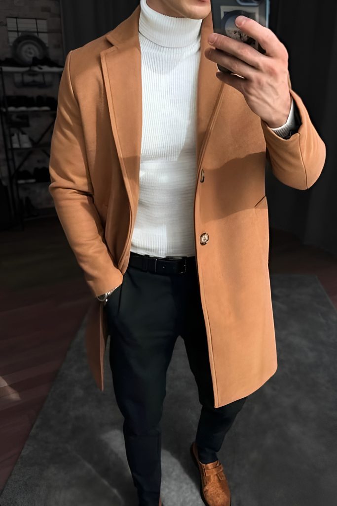 Wool Overcoat With Turtleneck and Slim Trousers