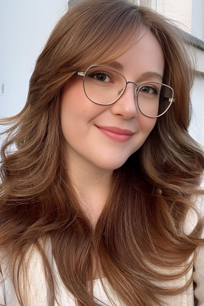 Curtain Bangs with Long Hair and Thin Framed Glasses