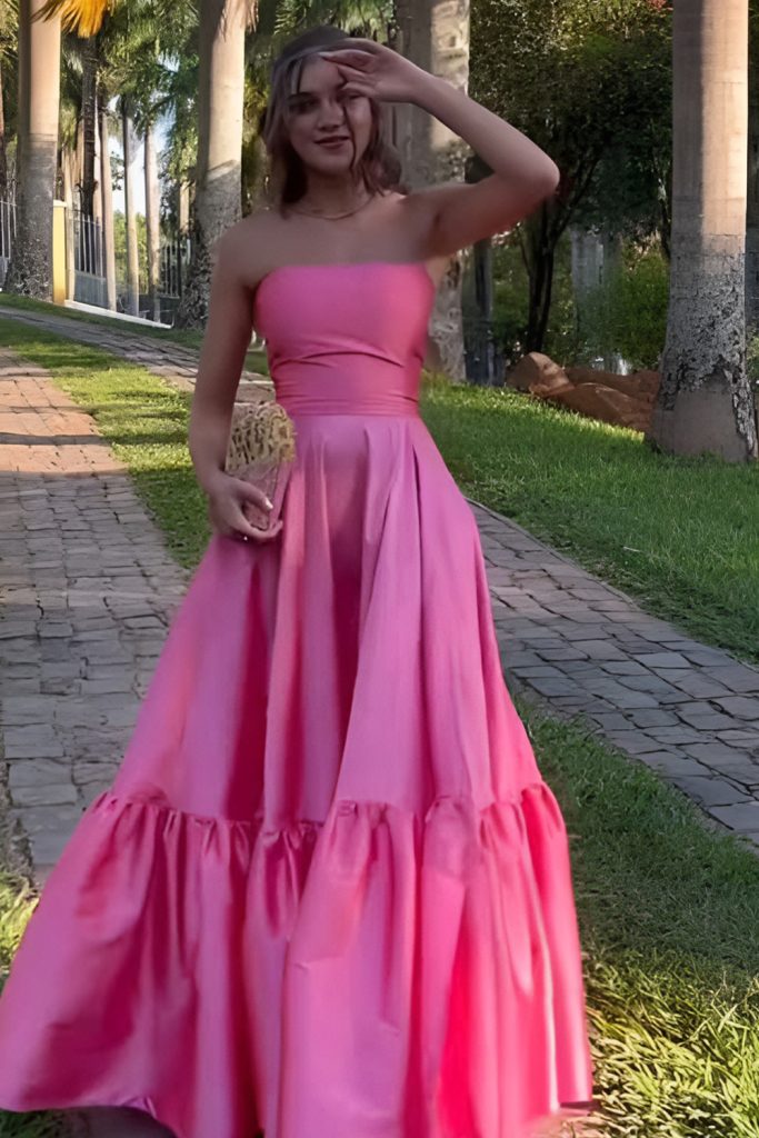 Hot Pink Strapless A Line Bridesmaid Dress
