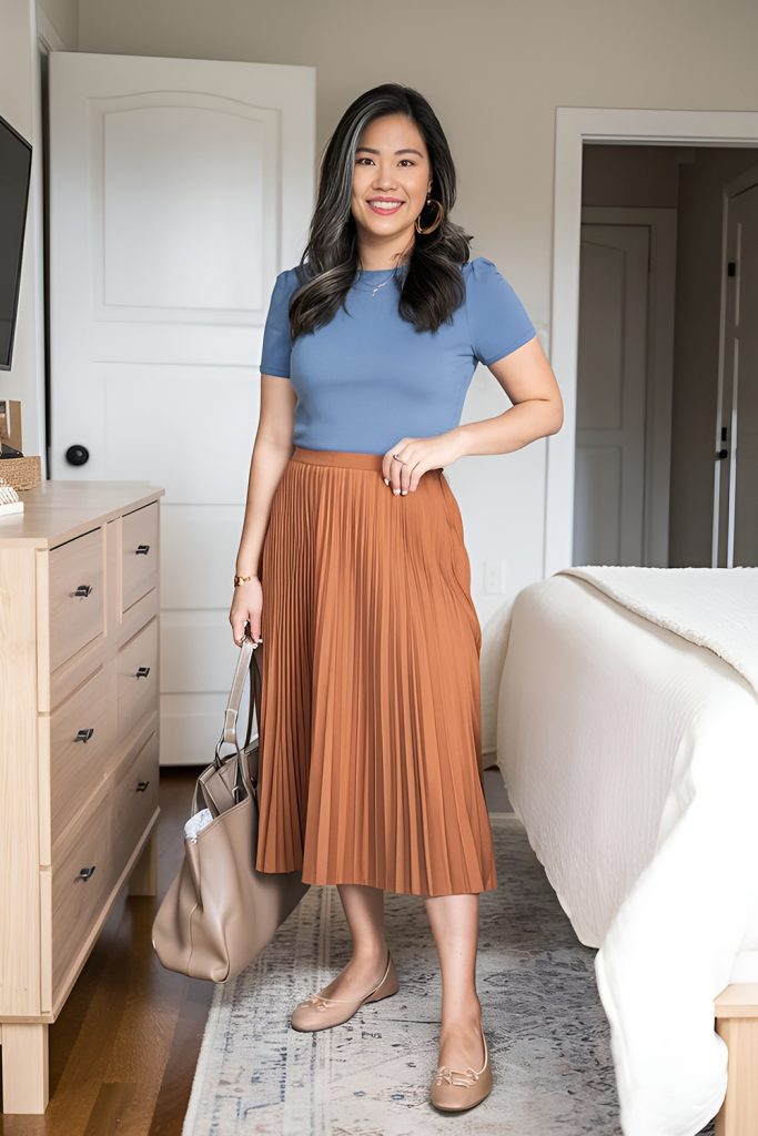 Knit Tops Paired with Pleated Midi Skirts