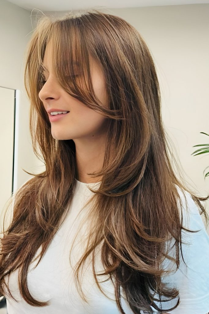 Long Flowing Hair with Curtain Bangs and Shine