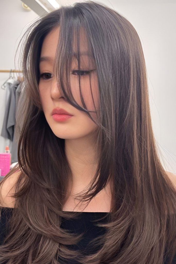 Long Hair with Curtain Bangs and Face Framing Layers