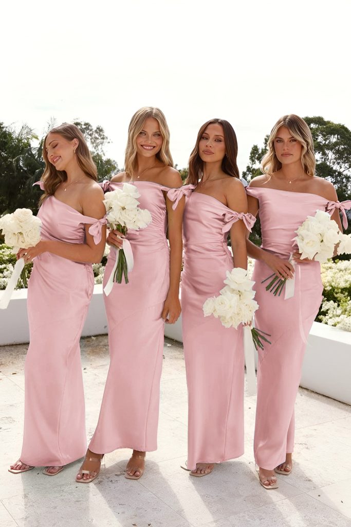 Off Shoulder Sheath Pleated Satin Bridesmaid Dress