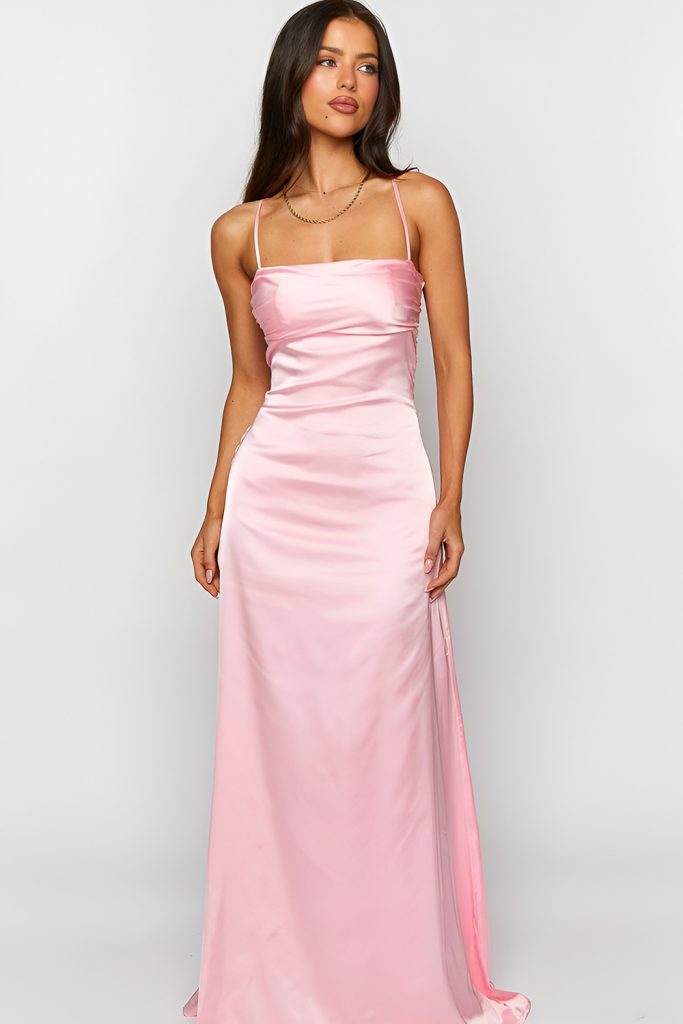 Pink Satin Maxi Dress with Lace Up Back