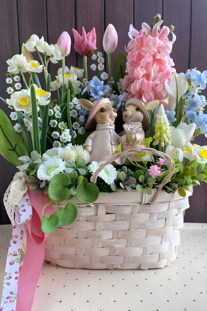 Spring Theme Basket Full Of Pastels And Florals
