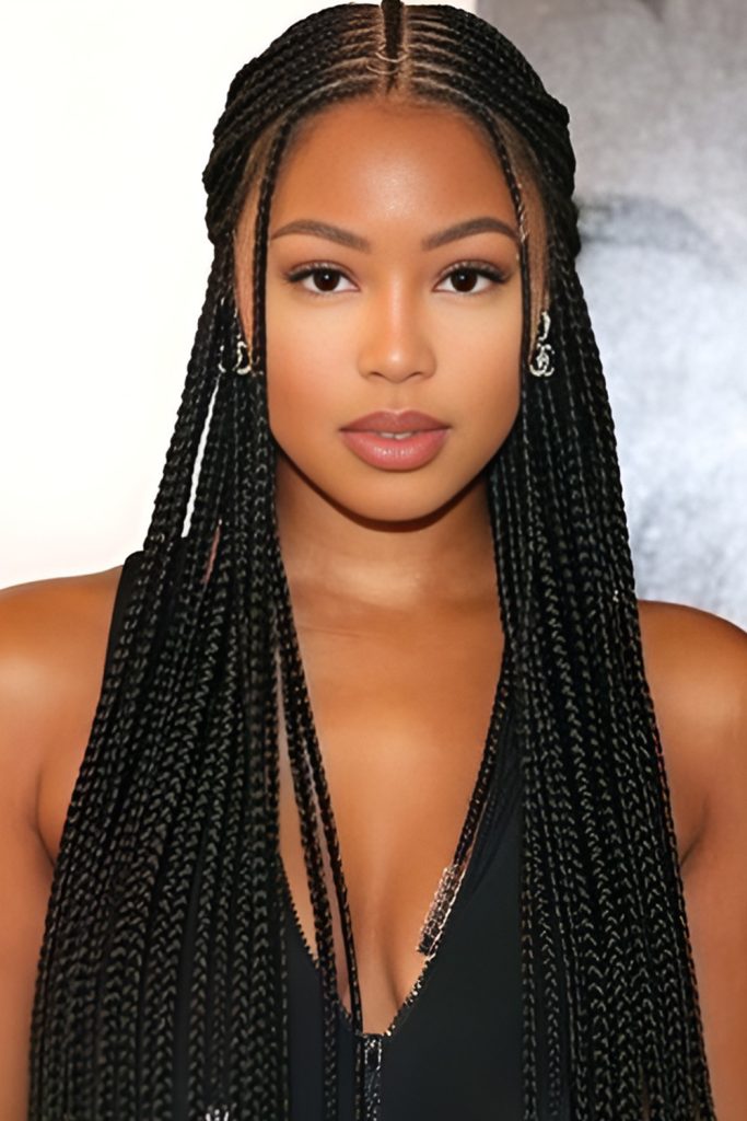 Waist Length Box Braids with a Neat Middle Part