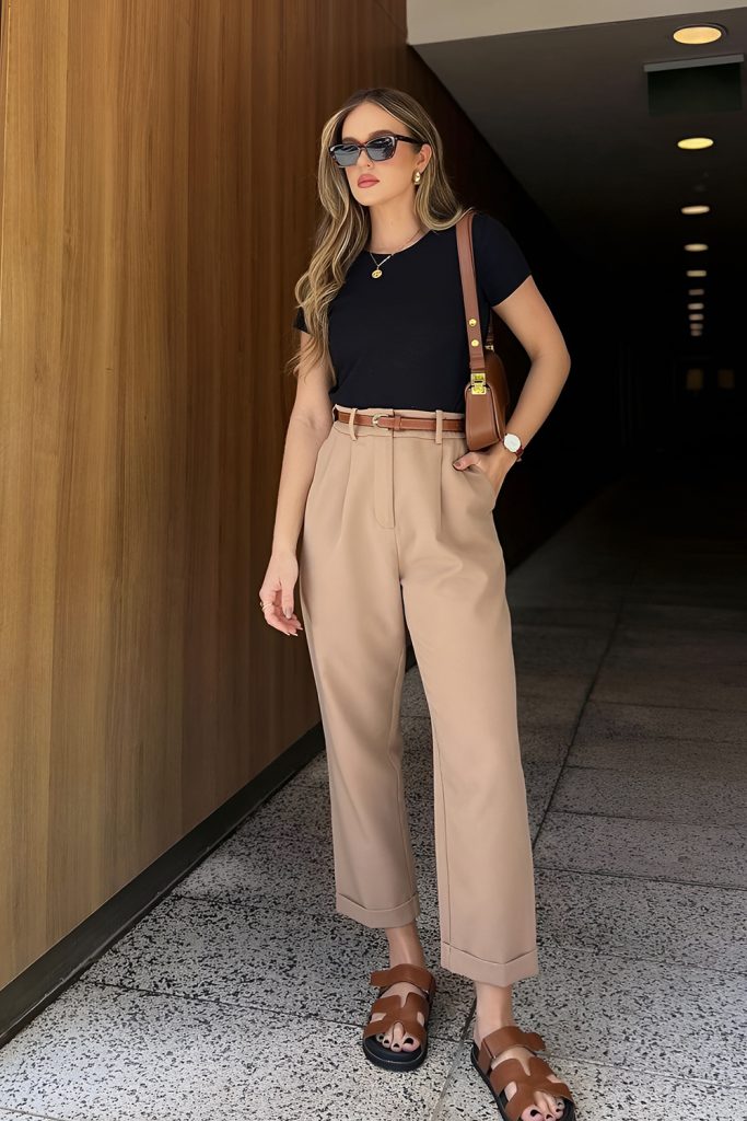 Woman in sunglasses wearing a black t-shirt, high waisted tan trousers with a brown belt and brown sandals, with a brown shoulder bag