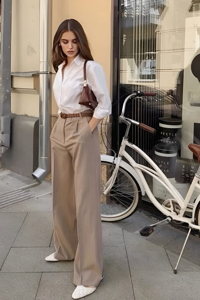Woman in a white shirt, camel wide leg trousers with a brown belt, white pointed flats and a brown shoulder bag, beside a bicycle on a city street