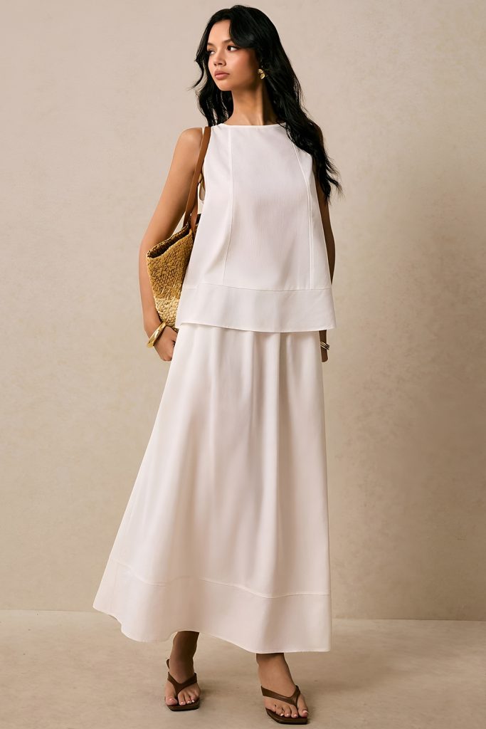 Cropped Linen Dress Paired with a Flared Skirt