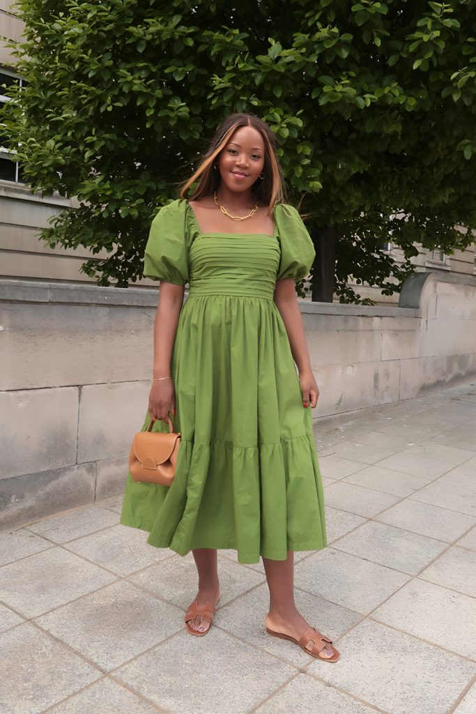 Flowy Linen Midi Dress with Puff Sleeves