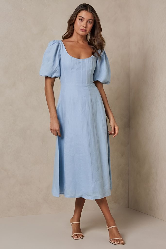 Linen Midi Dress with Structured Puff Sleeves