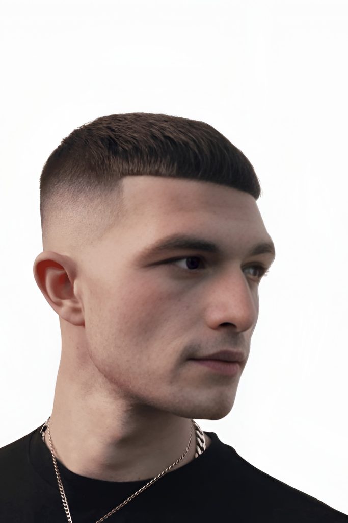 Low Fade Caesar Haircut with Balanced Hairline Blend