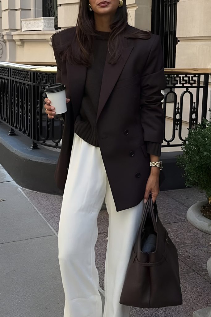 Woman holding a coffee cup in an oversized dark brown blazer, black top and white wide leg pants, carrying a dark brown tote