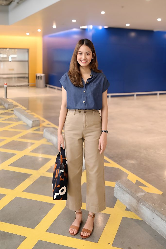 Woman in a navy short sleeve shirt and cropped khaki wide trousers with tan sandals and a black printed tote