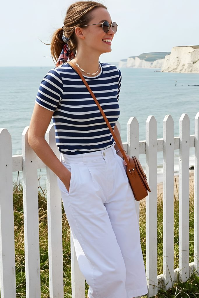 Woman in sunglasses and a scarf tied in her hair wearing a navy and white striped t-shirt and white trousers with a brown crossbody bag near a sea cliff and white fence