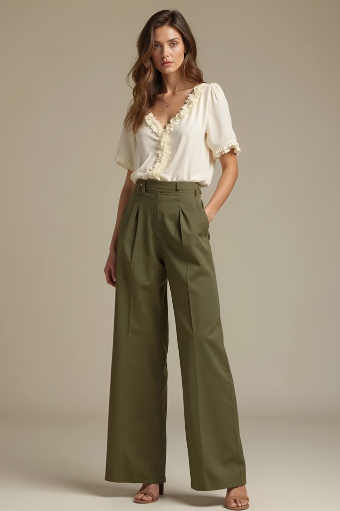 Woman in a cream short sleeve blouse with a ruffled V neckline and olive green wide leg trousers with tan sandals