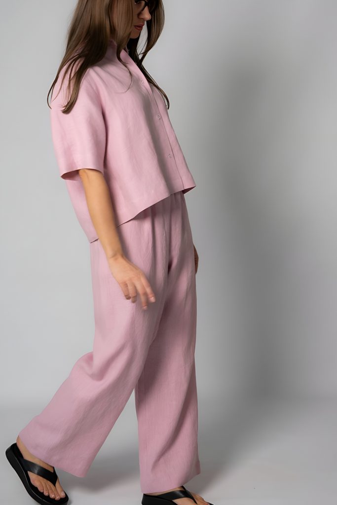 Woman in a boxy short sleeve pink top and matching pink wide leg pants with black sandals against a plain studio wall