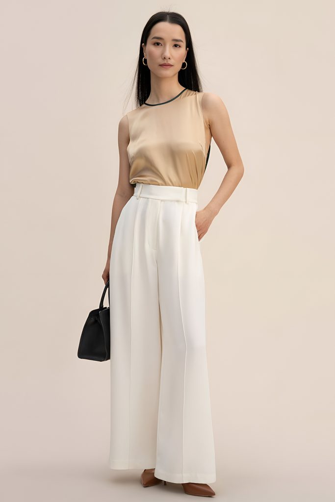 Woman in a champagne satin sleeveless top and white wide leg trousers with a small black handbag and brown flats