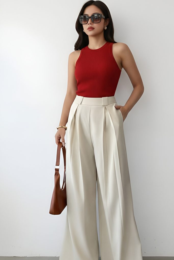 Woman in sunglasses wearing a red halter neck sleeveless top and cream pleated wide leg trousers with a brown shoulder bag