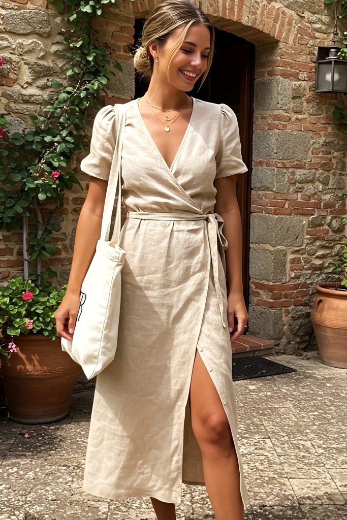 Wrap Style Linen Dress with a Side Slit