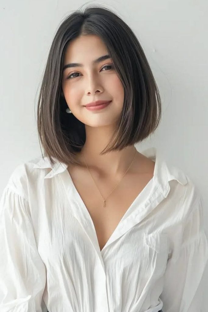 Chin-length dark brown blunt bob with a soft center part, worn with a white open-collar shirt