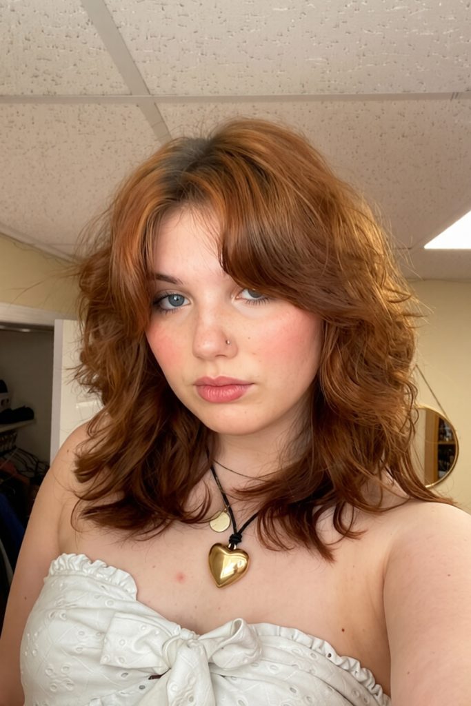 copper ginger shoulder length layers with fluffy bangs and a heart pendant