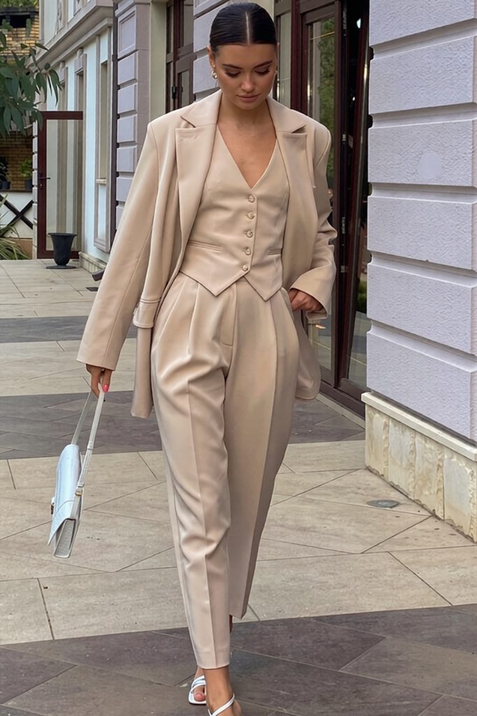 Woman in a beige three-piece suit with a blazer draped over her shoulders, a waistcoat, pleated tapered trousers and a pale blue clutch