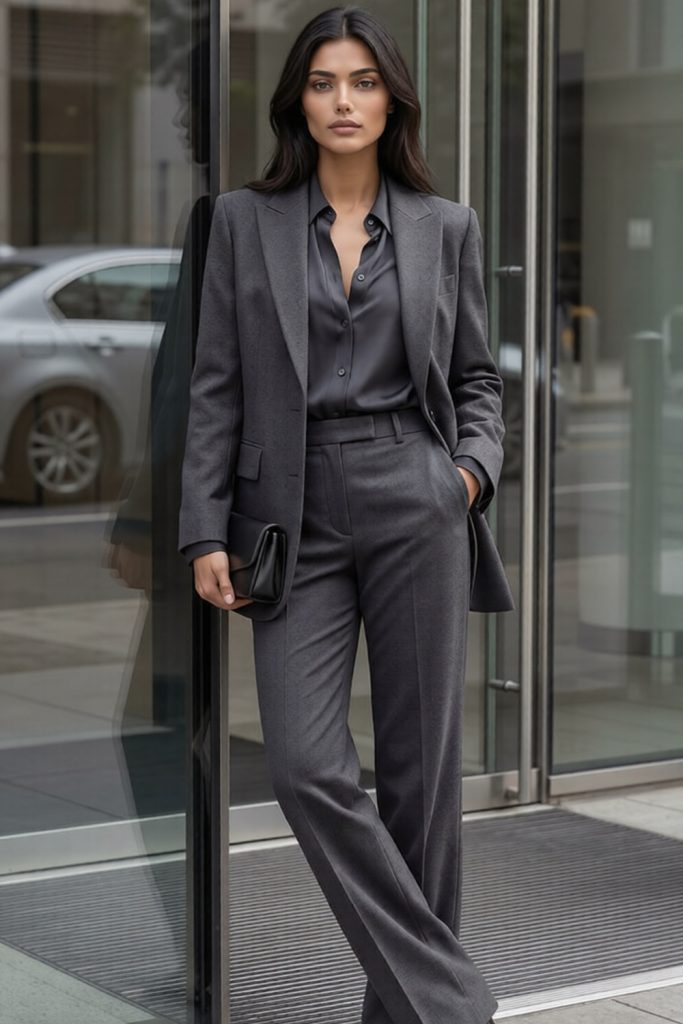 Woman in a charcoal blazer, charcoal shirt and wide-leg charcoal trousers carrying a black clutch beside a glass door