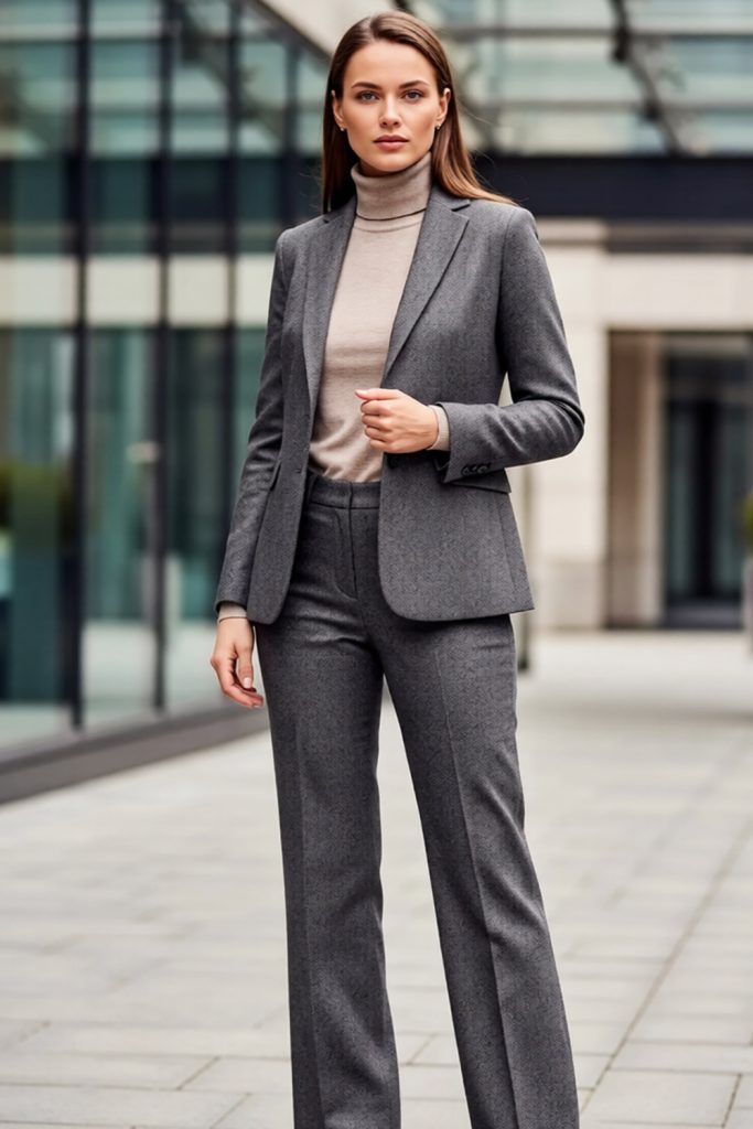 Woman in a heathered grey blazer and matching trousers with an oatmeal turtleneck on a paved plaza outside a glass building