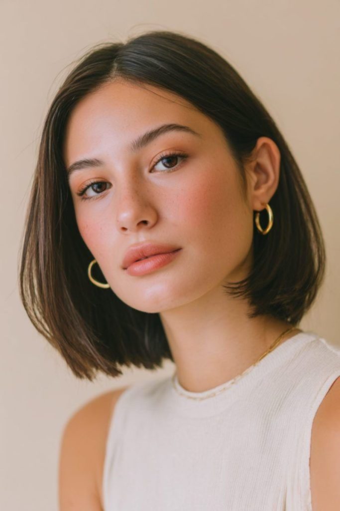 Short chin-length bob with clean edges and gold hoop earrings