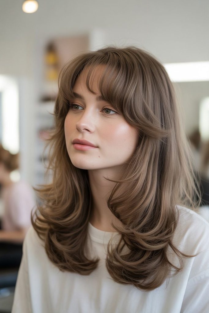 Long layered light brown hair with curtain bangs, seen from a three-quarter angle in a salon