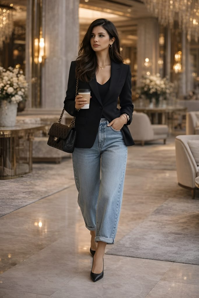 Black blazer with light jeans and black heels holding a coffee