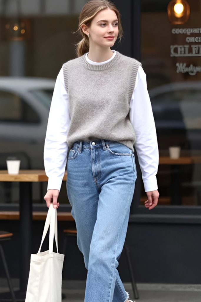 Grey knit vest over a white shirt with light blue jeans and a canvas tote