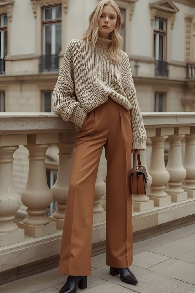 Beige knit sweater with rust-brown straight-leg trousers and black boots