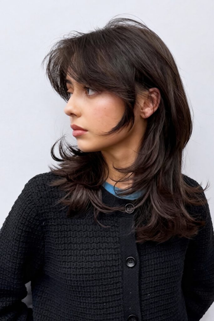 dark layered shoulder length shag with wispy swept bangs in profile