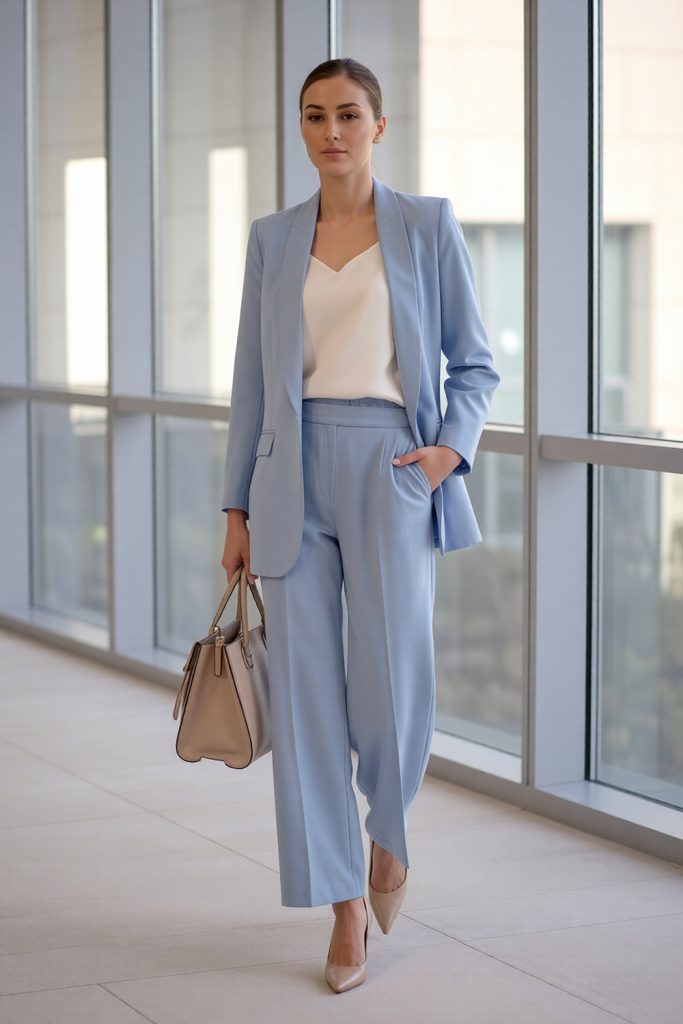 Woman in a powder blue blazer and trousers with a cream camisole, a beige tote bag and nude pumps in a bright glass corridor