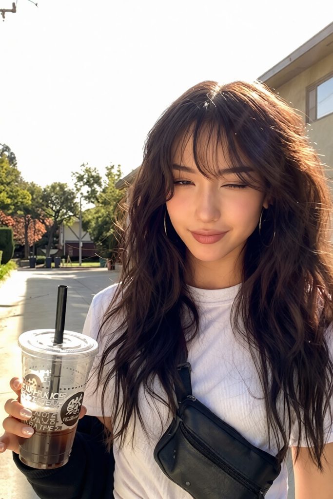 long dark wavy hair with wispy side swept bangs outdoors