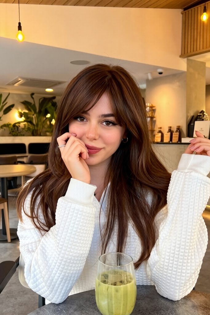 long chestnut brown hair with side bangs in a cafe with a white waffle knit