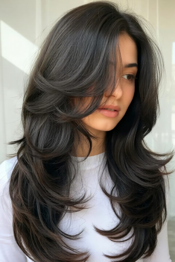 Long Layers Styled With Glass Hair Shine