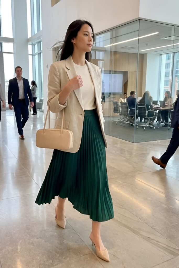Beige blazer over a white top with a dark green pleated midi skirt and a structured handbag