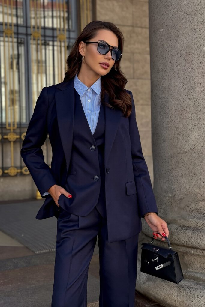 Woman in sunglasses wearing a navy blazer, waistcoat and trousers over a light blue shirt, holding a small black top-handle bag, with red nail polish