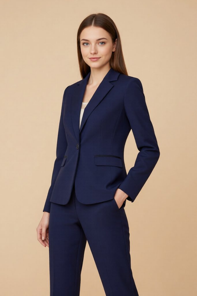 Woman in a navy single-breasted blazer and matching tapered trousers against a warm tan studio backdrop