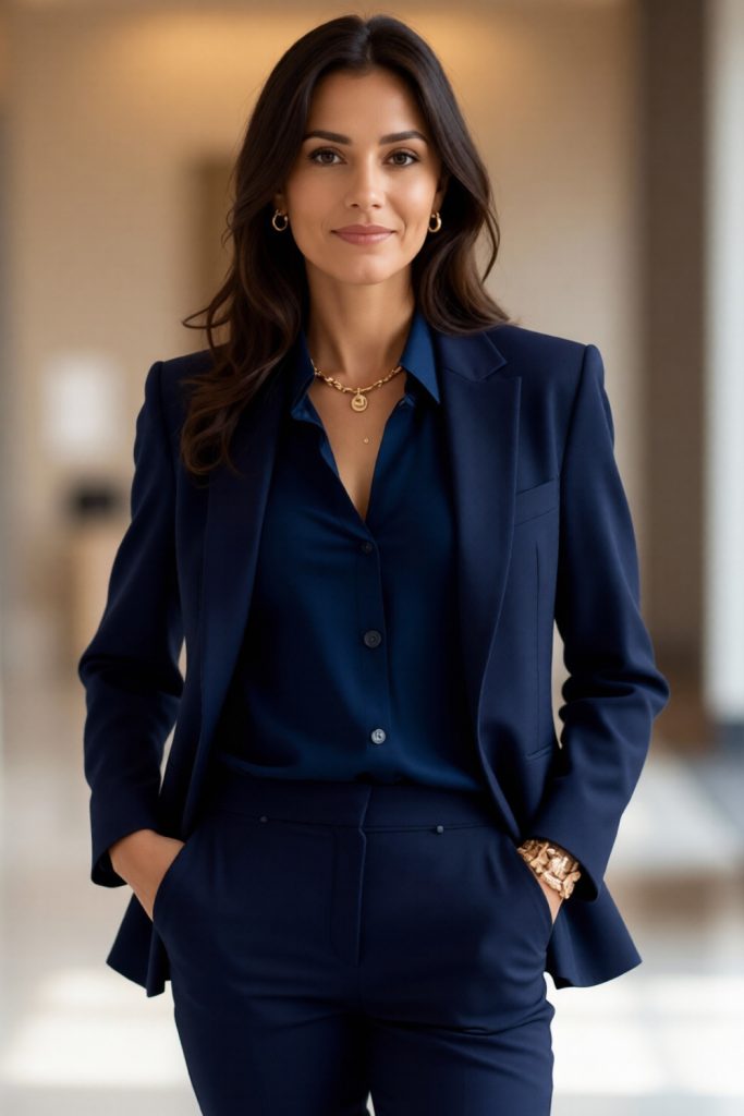 Woman in a navy blazer over a navy button-up shirt with navy trousers, a gold necklace and a gold watch