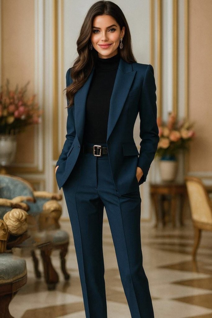 Woman in a deep teal-navy blazer and trousers with a black turtleneck and a black belt with a silver buckle in an ornate room