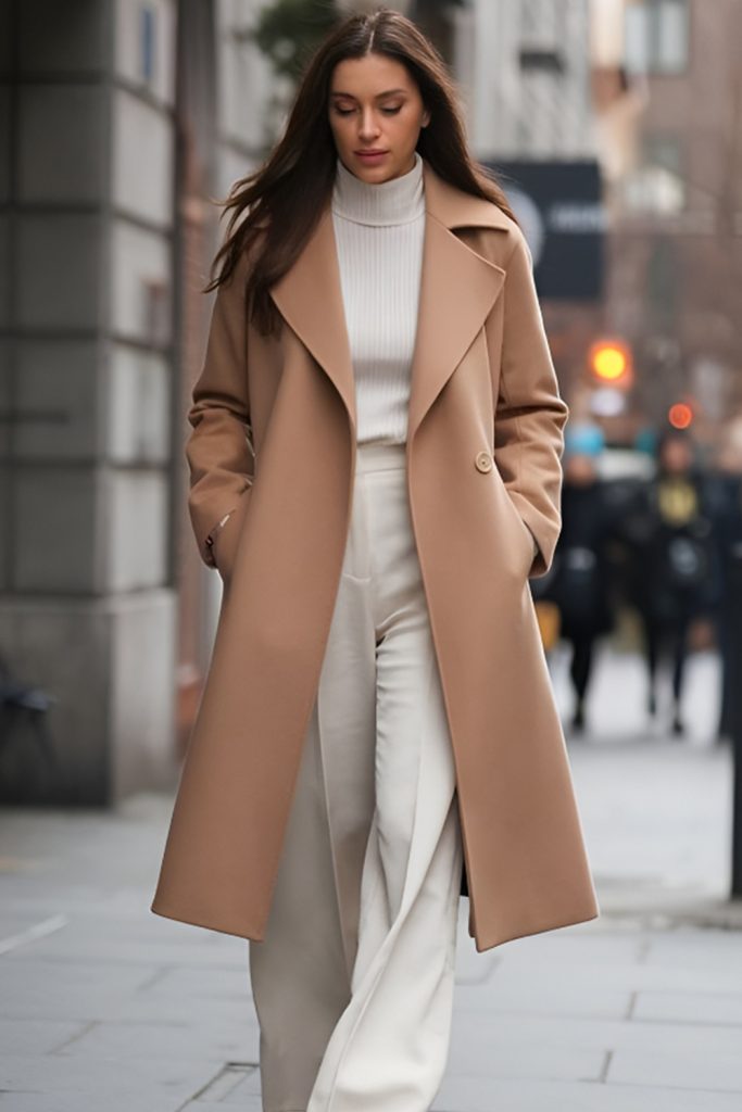 Camel long coat over a white turtleneck with cream trousers