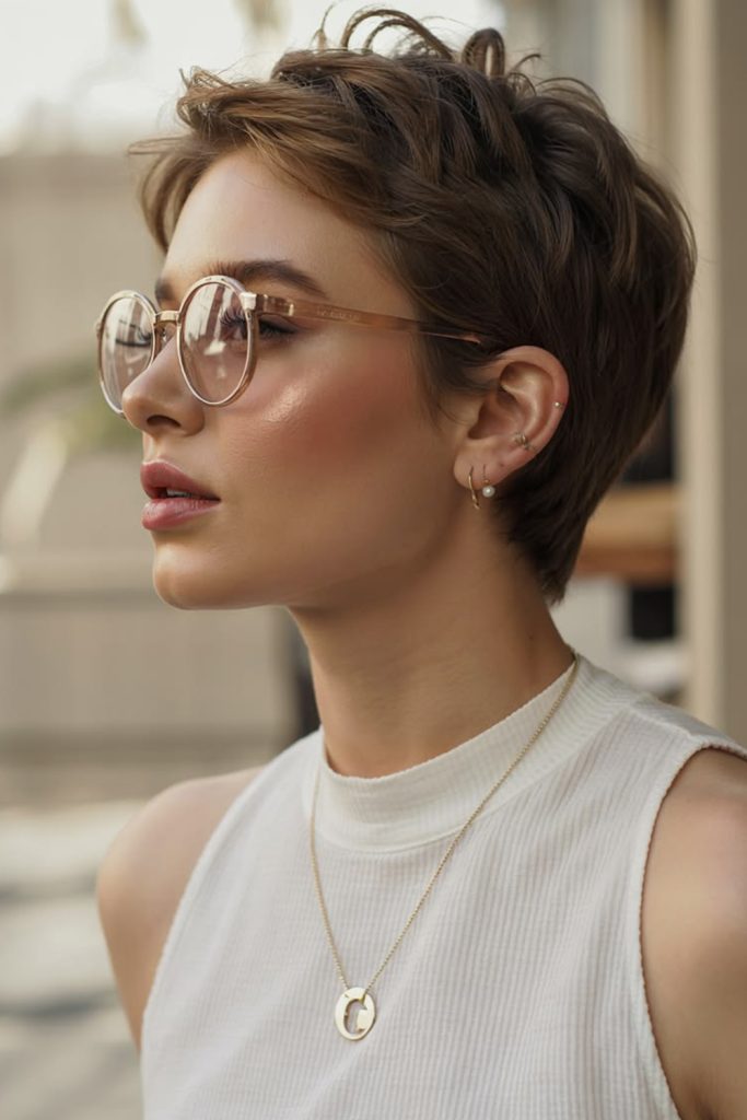 Short textured brown pixie cut seen in profile with round wire glasses and a white sleeveless top