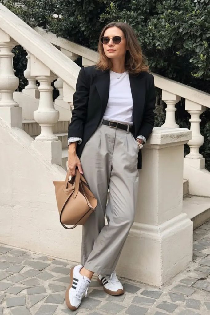 Black blazer over a white tee with grey trousers and clean white trainers
