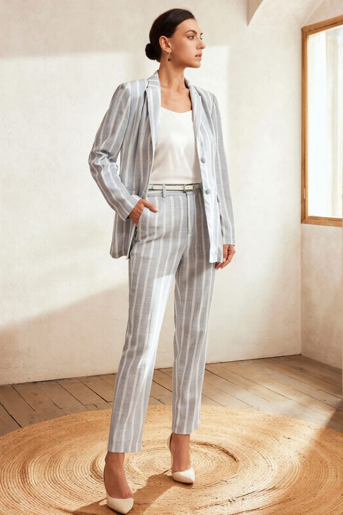 Woman in a grey and white striped blazer and tapered trousers with a white camisole and cream pointed pumps standing on a woven rug