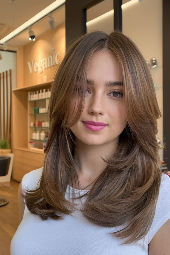 Long brown layered hair with lighter ends and face-framing pieces, worn with a white tee in a hair salon