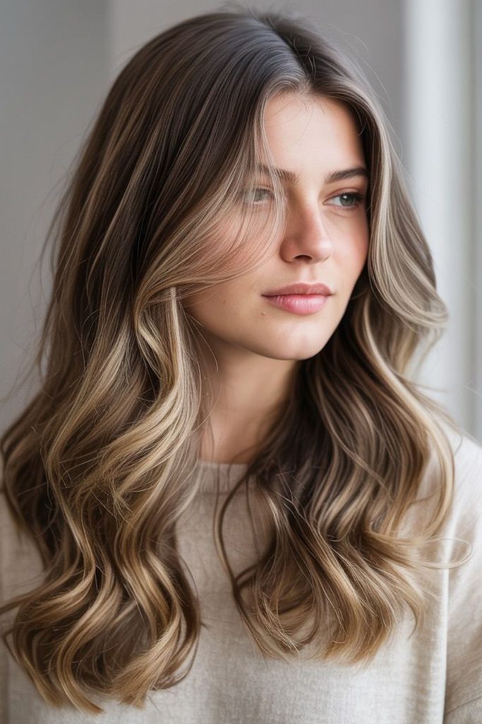 Long wavy hair with dark roots and soft blonde balayage through the lengths, worn with a beige knit